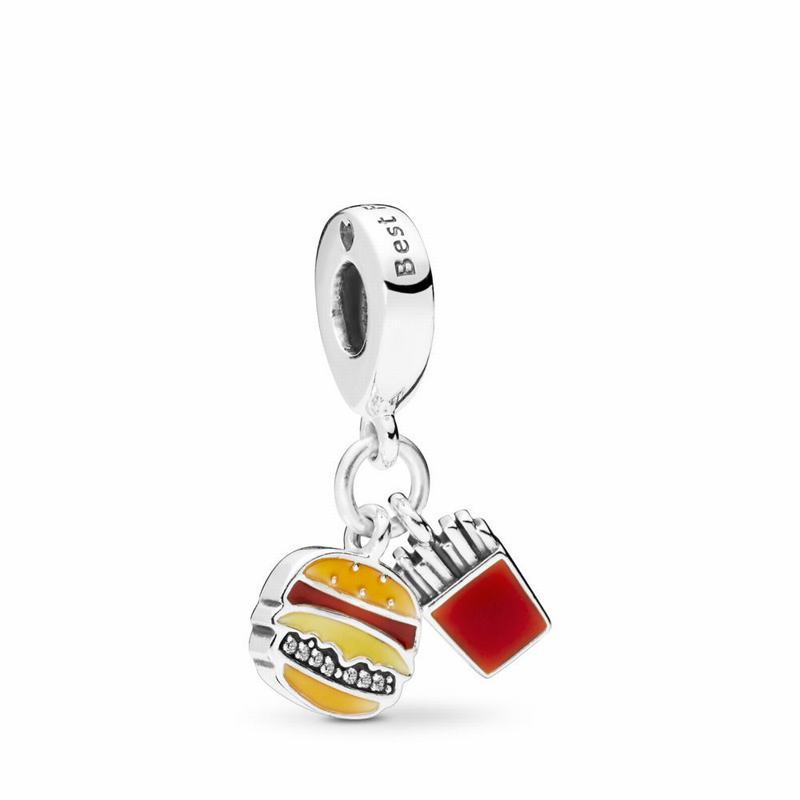 Pandora Burger & Fries Dangle Charm Ireland - Sterling Silver/Enamel/Orange/Cubic Zirconia - 582960M